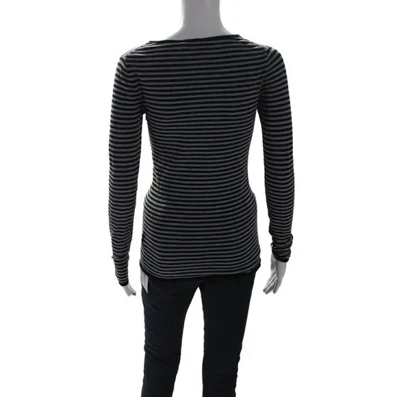 Minnie Rose Womens Cotton Long Sleeve Striped T shirt Gray Black Size XS - Picture 3 of 6